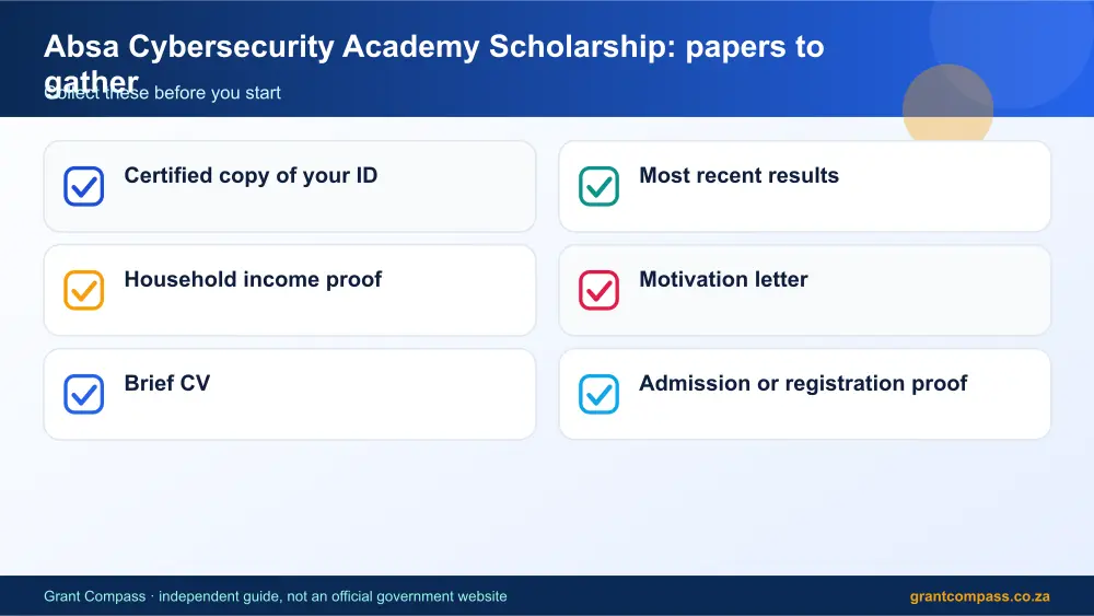 Absa Cybersecurity Academy Scholarship required papers tick list infographic – absa cybersecurity academy scholarship South Africa 2026