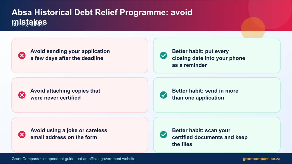 Absa Historical Debt Relief Programme mistakes to avoid and tips infographic – absa historical debt relief programme South Africa 2026