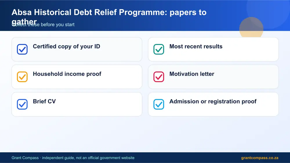 Absa Historical Debt Relief Programme required papers tick list infographic – absa historical debt relief programme South Africa 2026