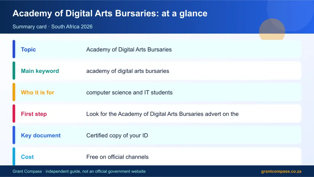 Academy of Digital Arts Bursaries at a glance summary infographic – academy of digital arts bursaries South Africa 2026