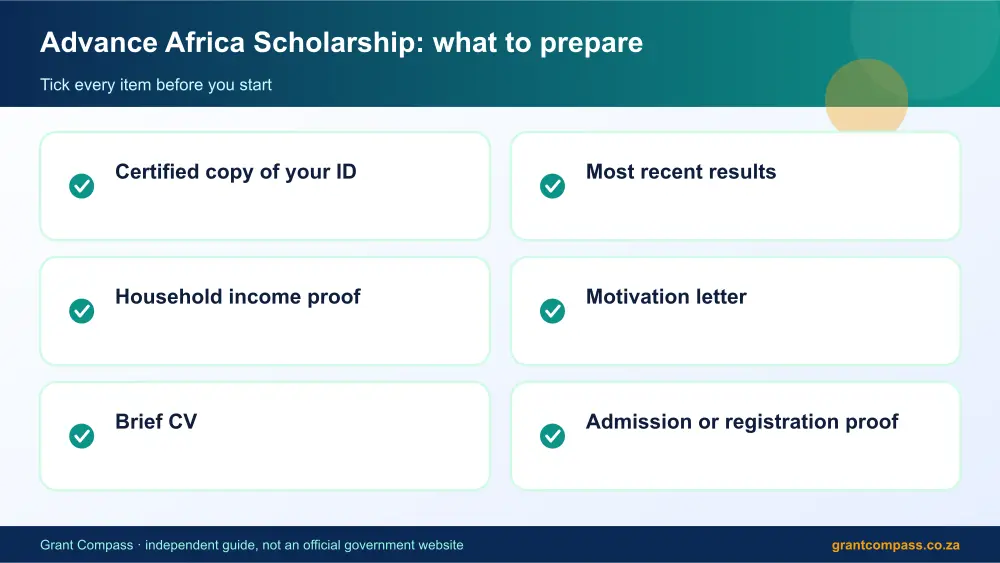 Advance Africa Scholarship documents checklist infographic – advance africa scholarships South Africa 2026