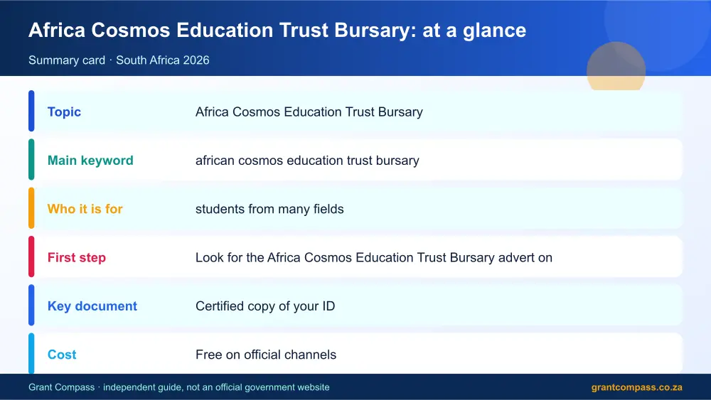 Africa Cosmos Education Trust Bursary at a glance summary infographic – african cosmos education trust bursary South Africa 2026
