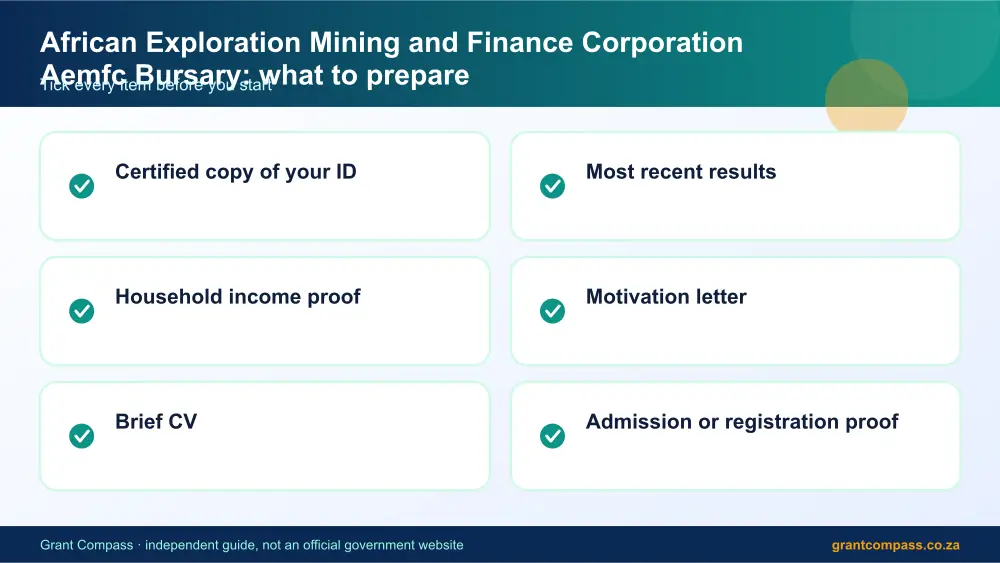 African Exploration Mining and Finance Corporation Aemfc Bursary documents checklist infographic – african exploration mining and finance corporation aemfc bursary South Africa 2026