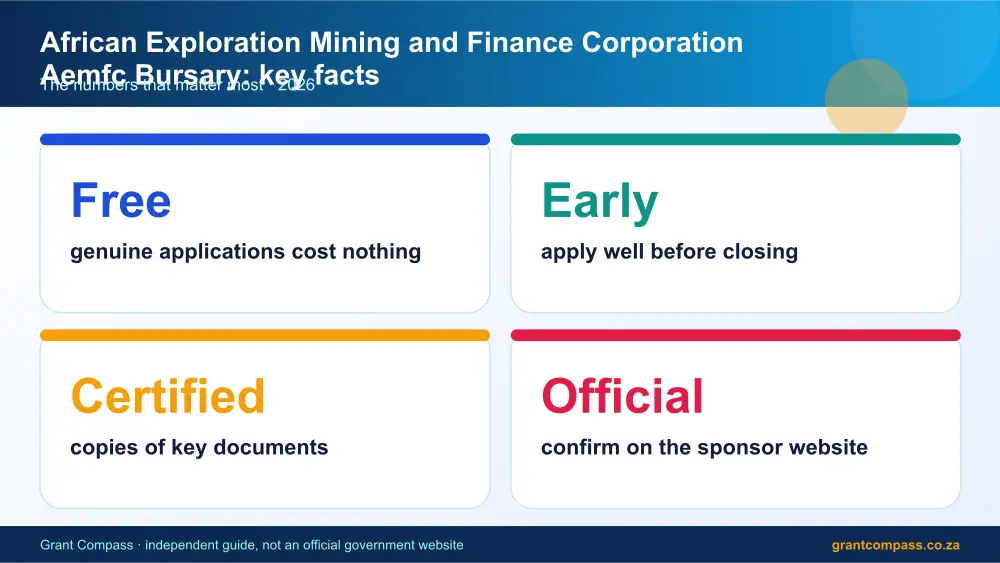 African Exploration Mining and Finance Corporation Aemfc Bursary key facts at a glance infographic – african exploration mining and finance corporation aemfc bursary South Africa 2026