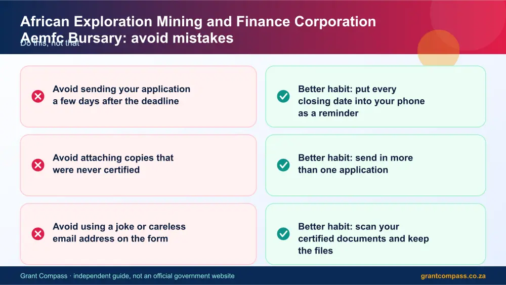 African Exploration Mining and Finance Corporation Aemfc Bursary mistakes to avoid and tips infographic – african exploration mining and finance corporation aemfc bursary South Africa 2026
