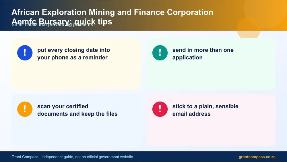 African Exploration Mining and Finance Corporation Aemfc Bursary quick tips cards infographic – african exploration mining and finance corporation aemfc bursary South Africa 2026