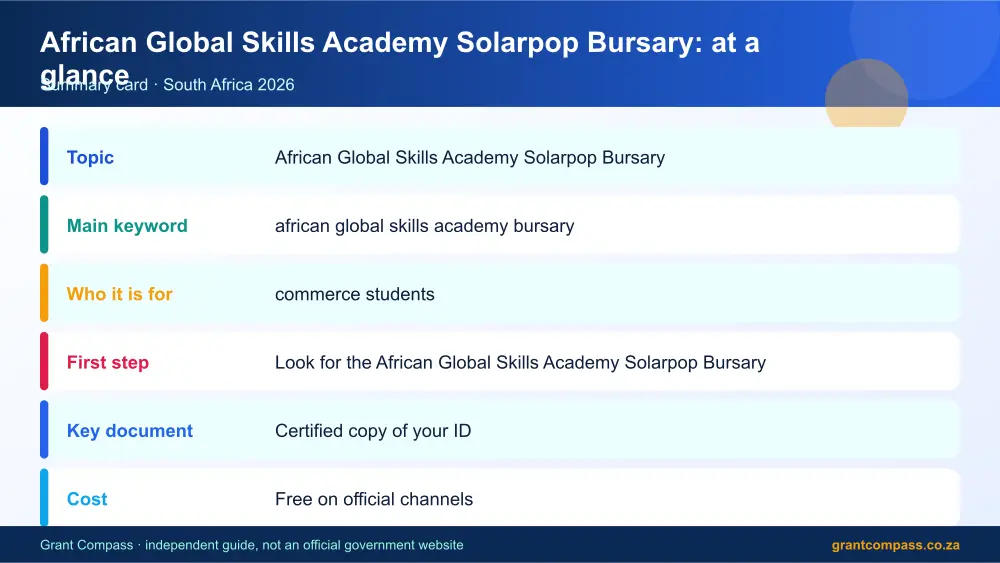 African Global Skills Academy Solarpop Bursary at a glance summary infographic – african global skills academy bursary South Africa 2026