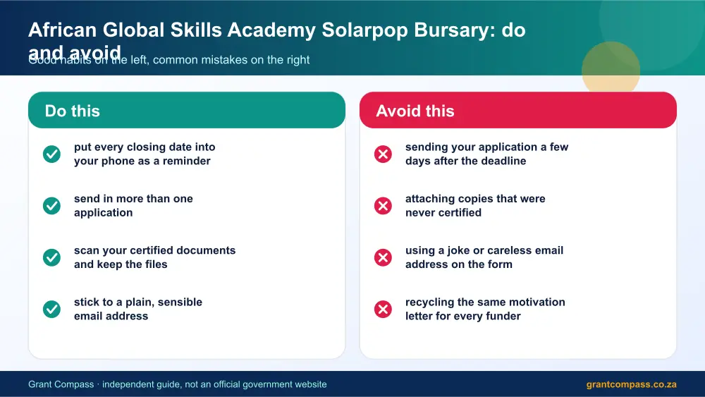 African Global Skills Academy Solarpop Bursary dos and donts infographic – african global skills academy bursary South Africa 2026