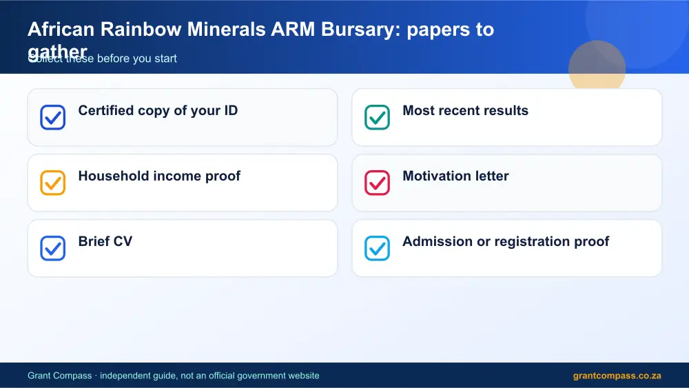 African Rainbow Minerals ARM Bursary required papers tick list infographic – african rainbow minerals bursary South Africa 2026