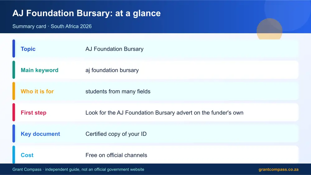 AJ Foundation Bursary at a glance summary infographic – aj foundation bursary South Africa 2026