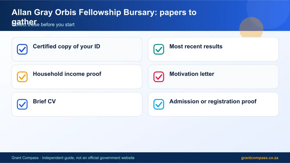 Allan Gray Orbis Fellowship Bursary required papers tick list infographic – allan grey bursary South Africa 2026