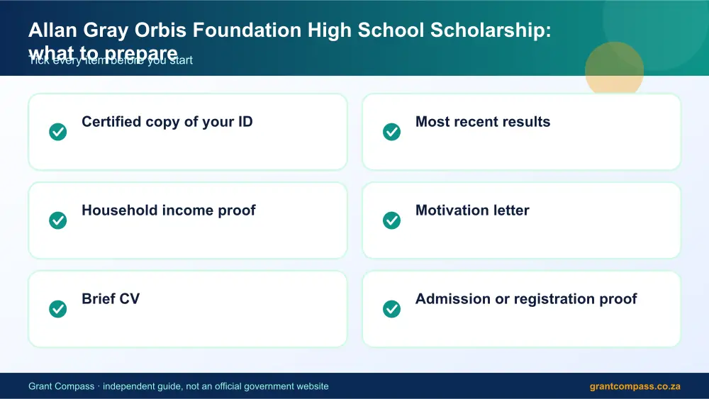 Allan Gray Orbis Foundation High School Scholarship documents checklist infographic – allan gray scholarship grade 6 South Africa 2026