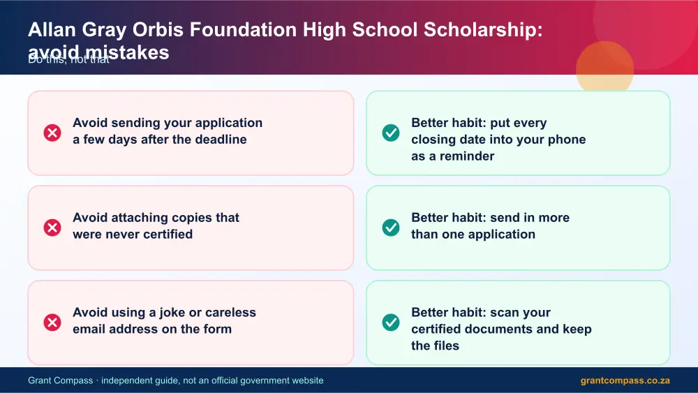 Allan Gray Orbis Foundation High School Scholarship mistakes to avoid and tips infographic – allan gray scholarship grade 6 South Africa 2026