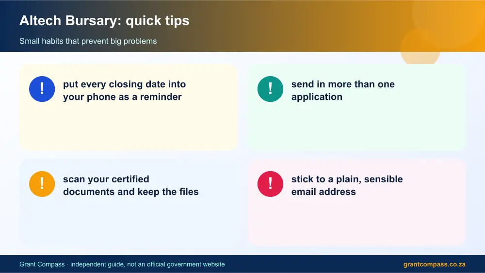 Altech Bursary quick tips cards infographic – altech bursary South Africa 2026
