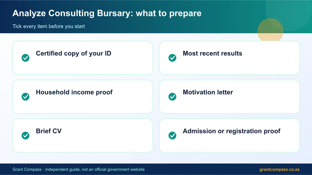 Analyze Consulting Bursary documents checklist infographic – analyze consulting bursary South Africa 2026