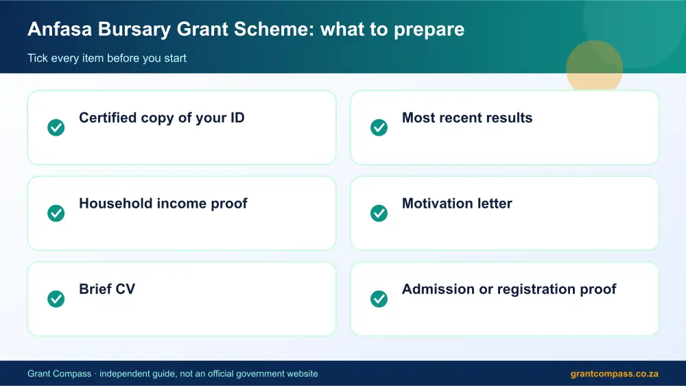 Anfasa Bursary Grant Scheme documents checklist infographic – anfasa bursary grant scheme South Africa 2026