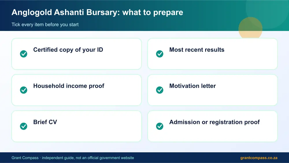 Anglogold Ashanti Bursary documents checklist infographic – anglogold ashanti bursary South Africa 2026