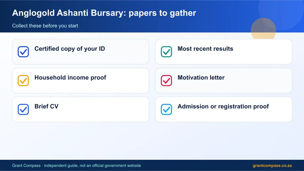 Anglogold Ashanti Bursary required papers tick list infographic – anglogold ashanti bursary South Africa 2026
