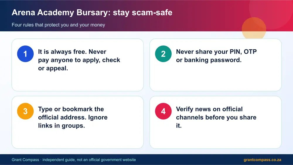 Arena Academy Bursary stay safe from scams infographic – arena academy bursary South Africa 2026