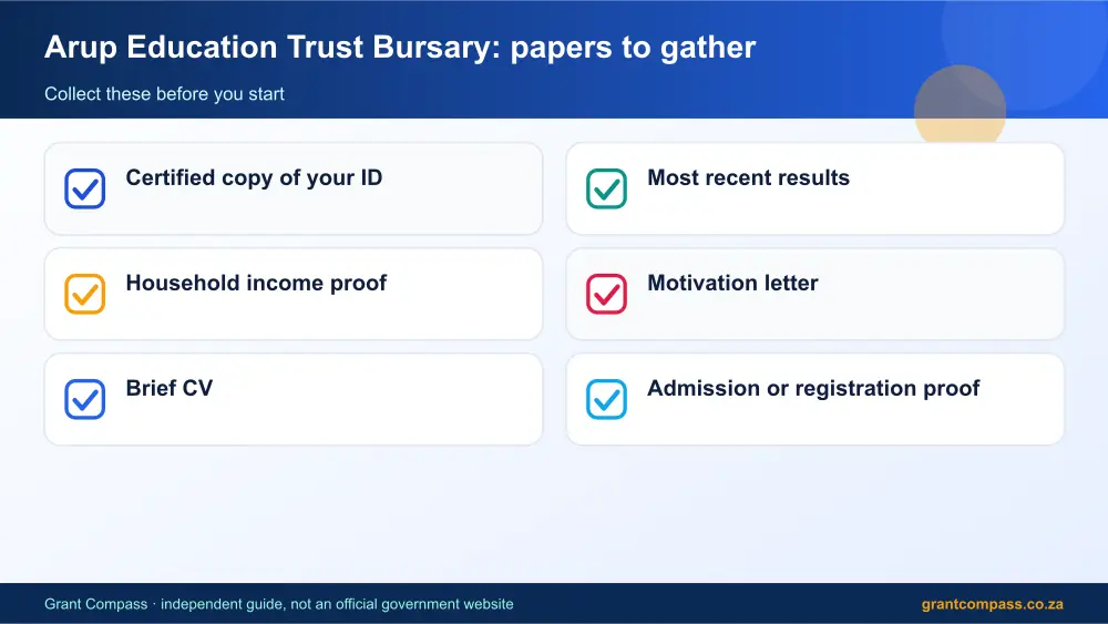 Arup Education Trust Bursary required papers tick list infographic – arup education trust bursary South Africa 2026
