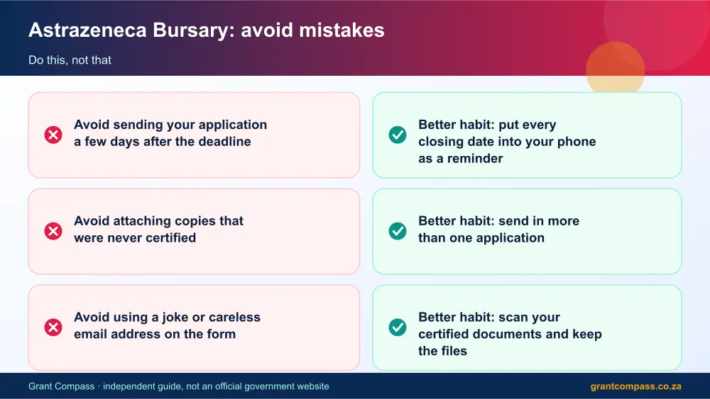 Astrazeneca Bursary mistakes to avoid and tips infographic – astrazeneca bursary South Africa 2026