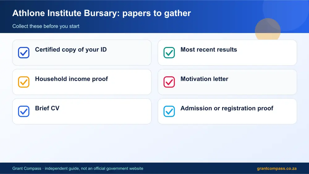 Athlone Institute Bursary required papers tick list infographic – athlone institute bursary South Africa 2026
