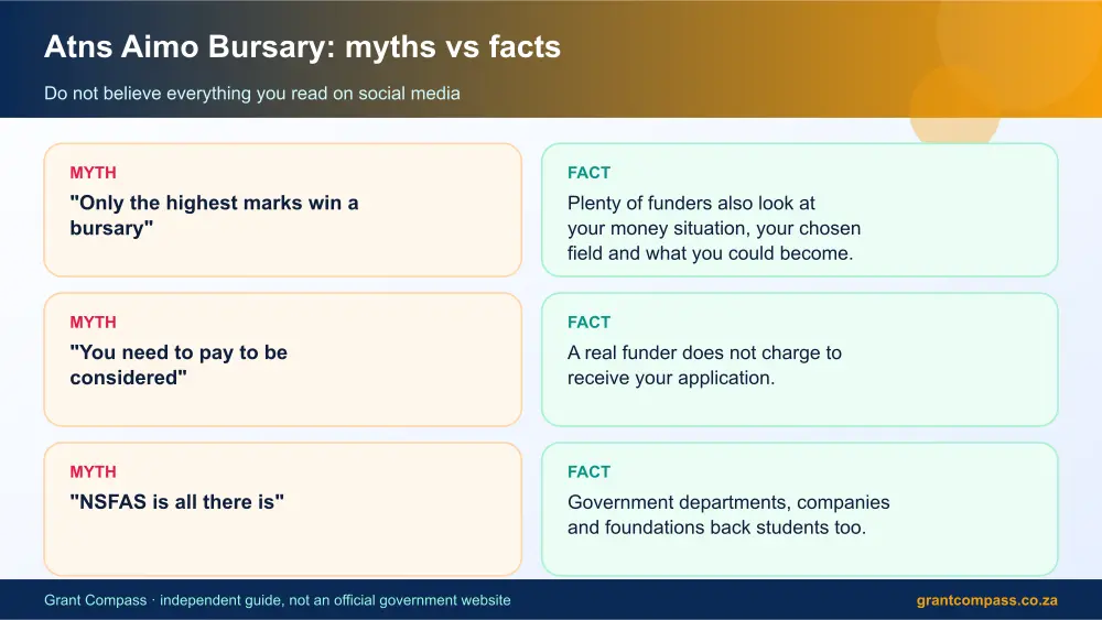 Atns Aimo Bursary myths vs facts infographic – atns bursary South Africa 2026