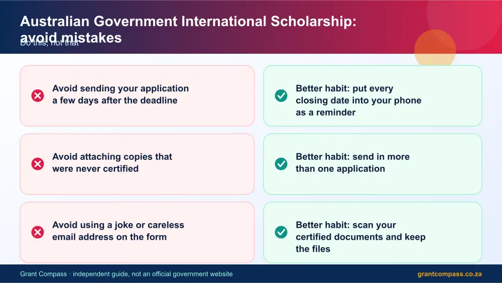 Australian Government International Scholarship mistakes to avoid and tips infographic – australian government international scholarship South Africa 2026