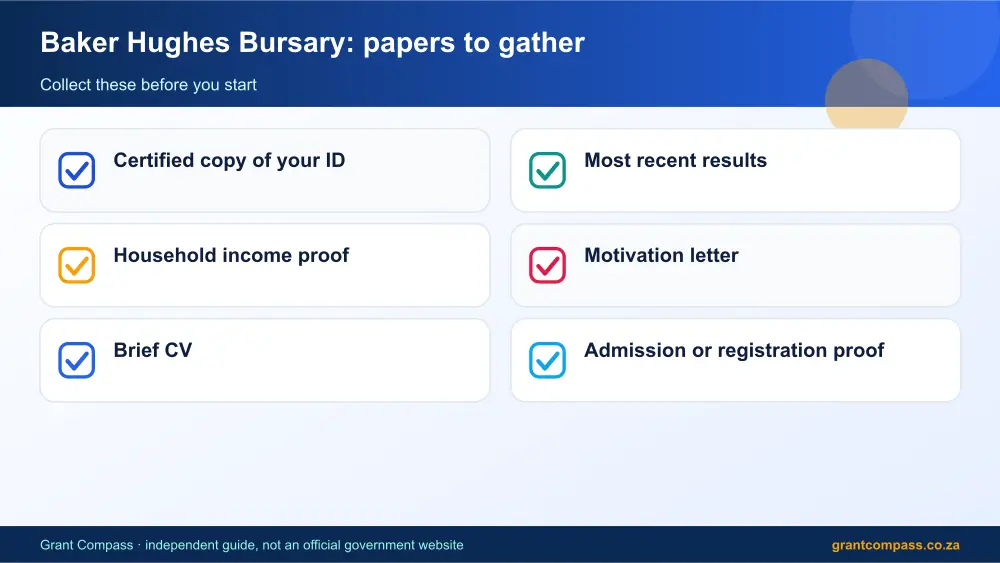 Baker Hughes Bursary required papers tick list infographic – baker hughes bursary South Africa 2026