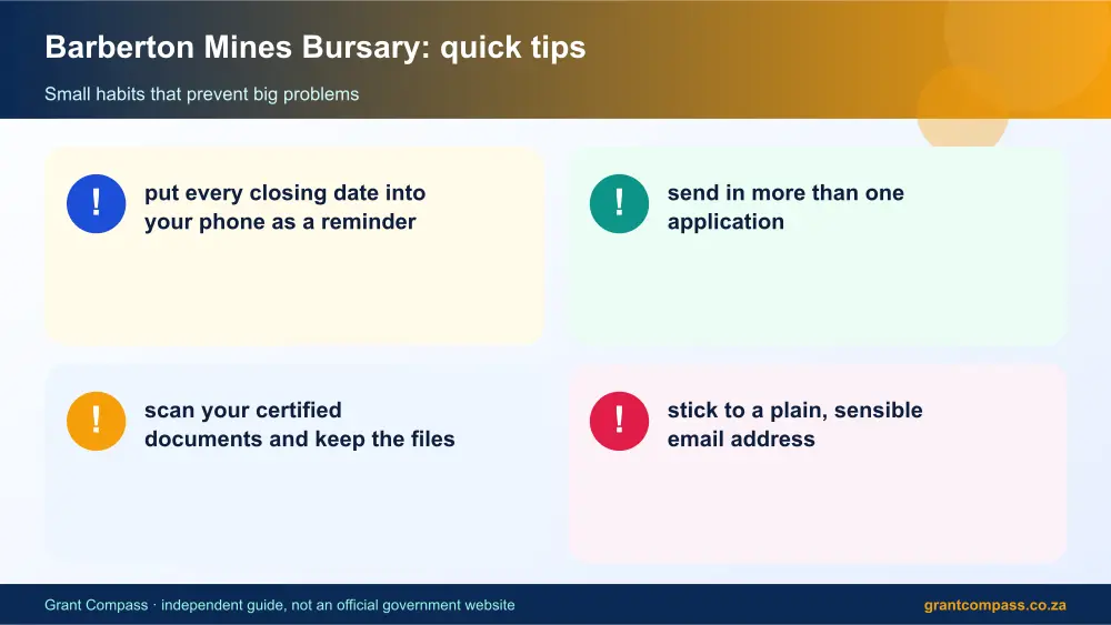 Barberton Mines Bursary quick tips cards infographic – barberton mines bursary South Africa 2026