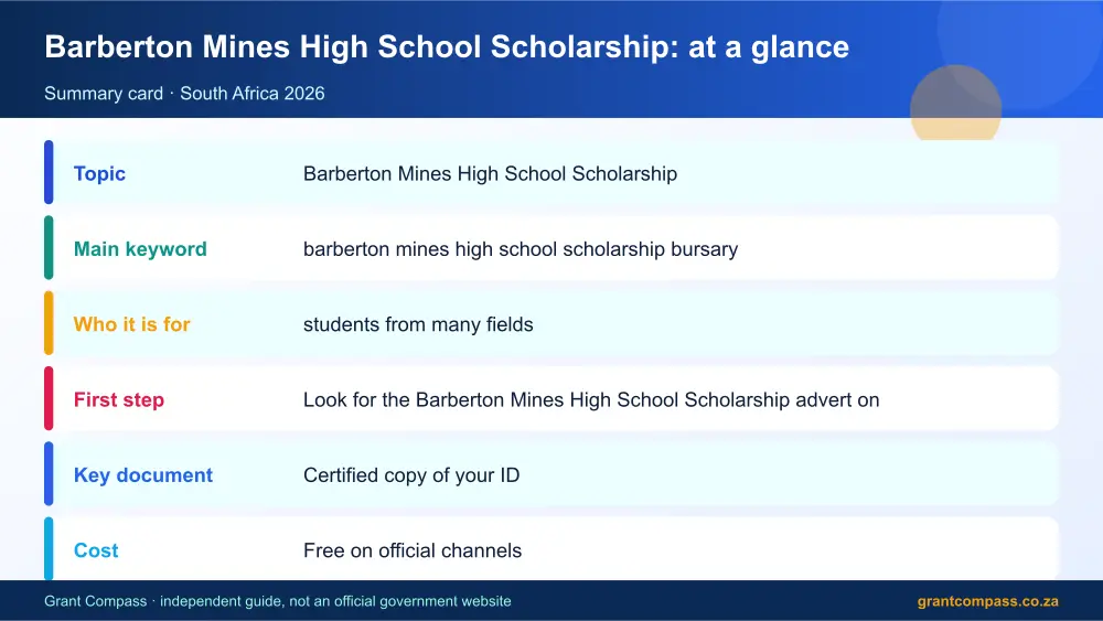 Barberton Mines High School Scholarship at a glance summary infographic – barberton mines high school scholarship bursary South Africa 2026