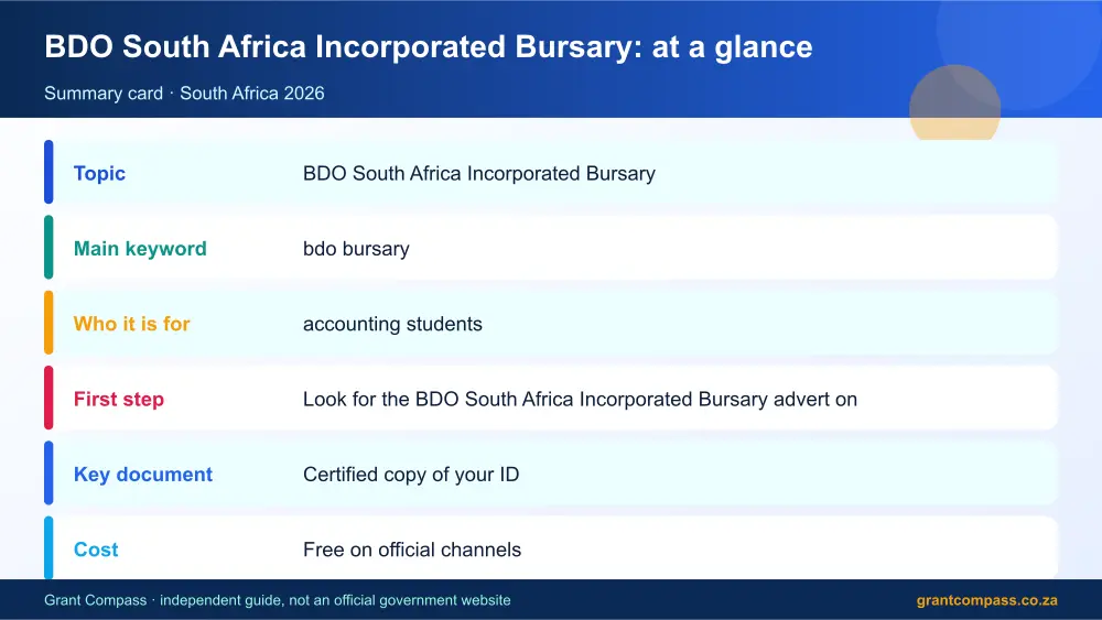 BDO South Africa Incorporated Bursary at a glance summary infographic – bdo bursary South Africa 2026