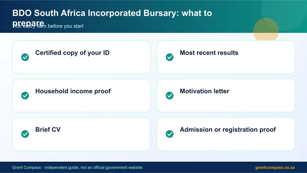 BDO South Africa Incorporated Bursary documents checklist infographic – bdo bursary South Africa 2026