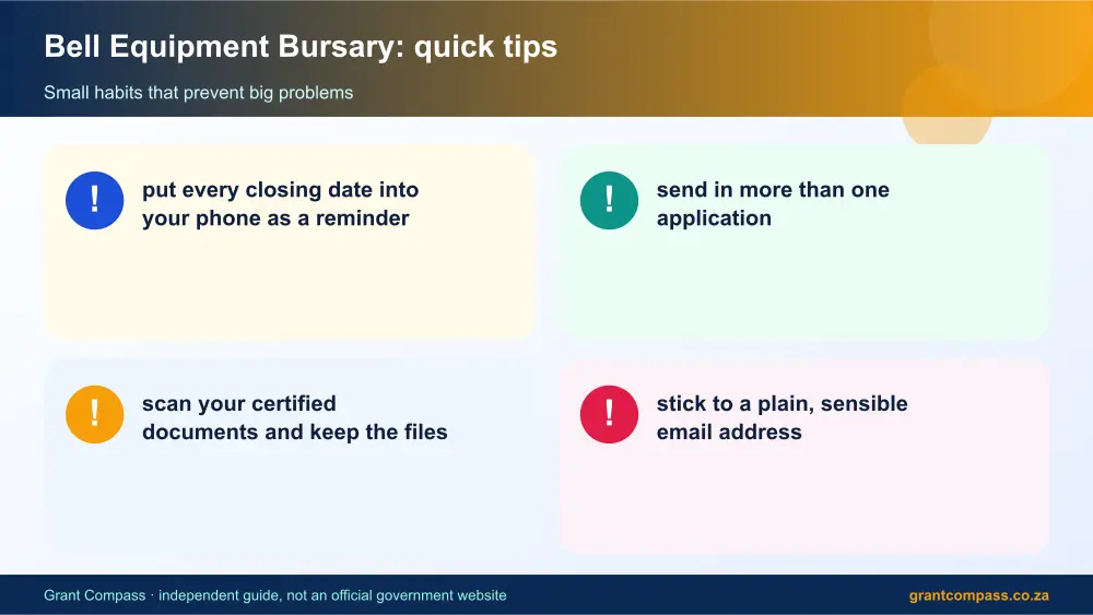 Bell Equipment Bursary quick tips cards infographic – bell equipment bursary South Africa 2026