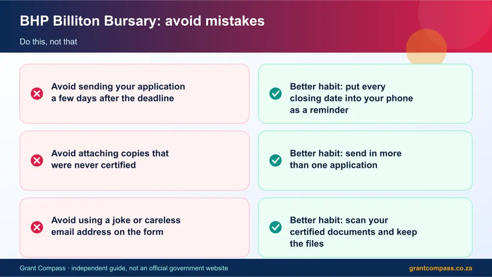 BHP Billiton Bursary mistakes to avoid and tips infographic – bhp billiton bursary South Africa 2026