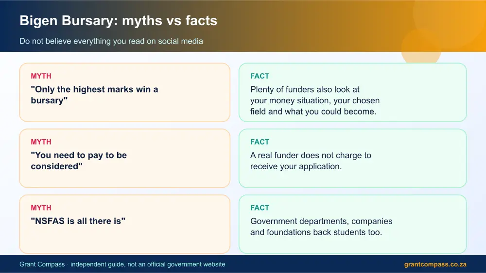 Bigen Bursary myths vs facts infographic – bigen bursary South Africa 2026