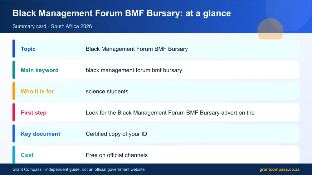 Black Management Forum BMF Bursary at a glance summary infographic – black management forum bmf bursary South Africa 2026