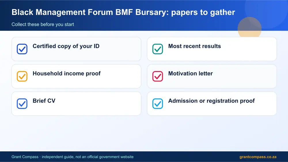 Black Management Forum BMF Bursary required papers tick list infographic – black management forum bmf bursary South Africa 2026