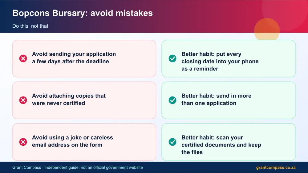 Bopcons Bursary mistakes to avoid and tips infographic – bopcons bursary South Africa 2026