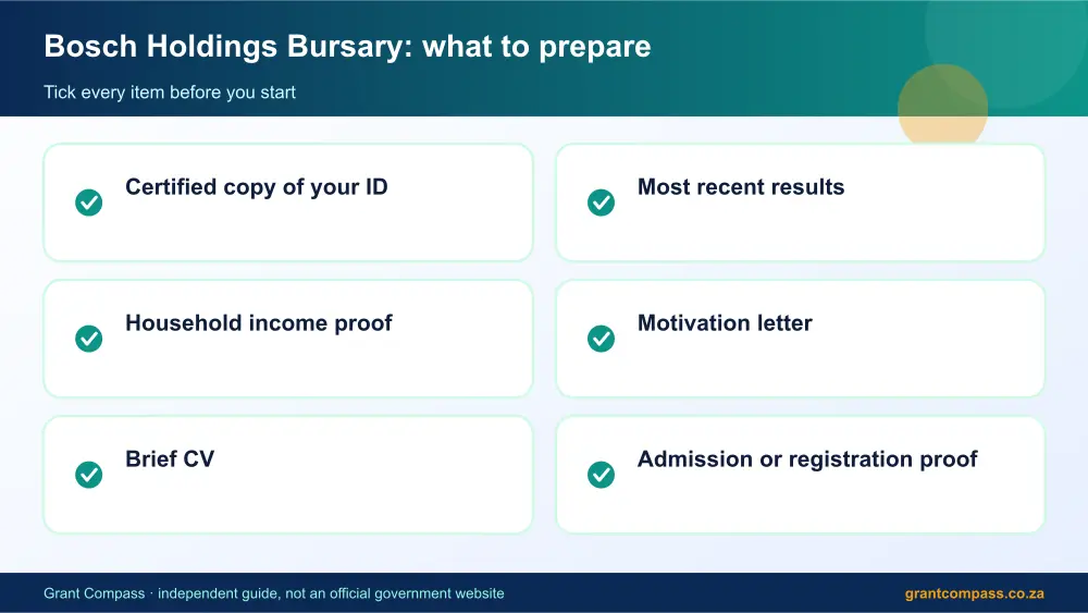 Bosch Holdings Bursary documents checklist infographic – bosch holdings bursary South Africa 2026