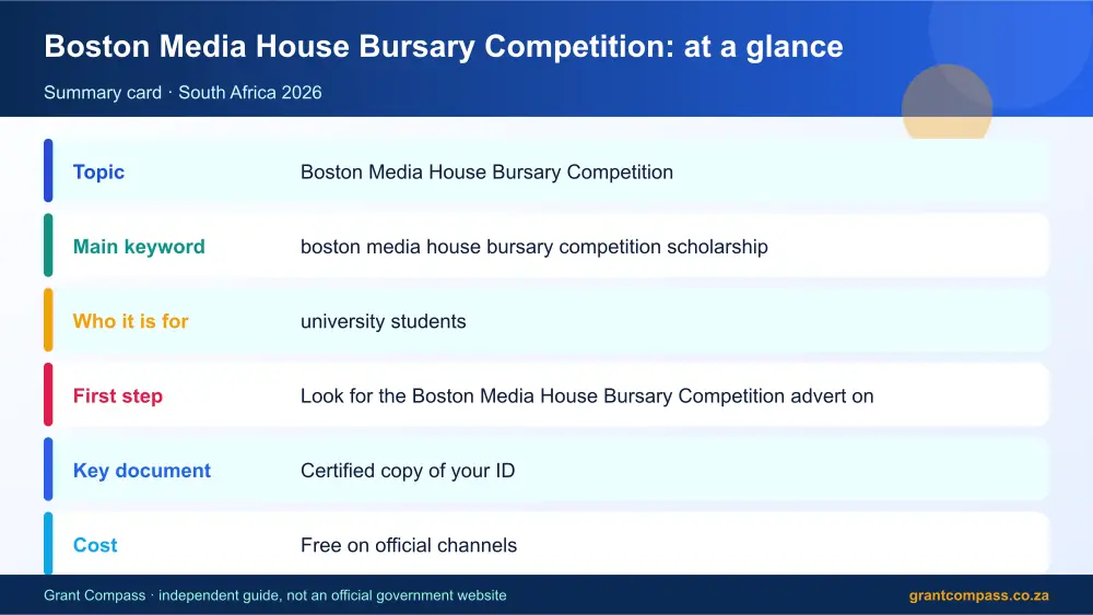 Boston Media House Bursary Competition at a glance summary infographic – boston media house bursary competition scholarship South Africa 2026