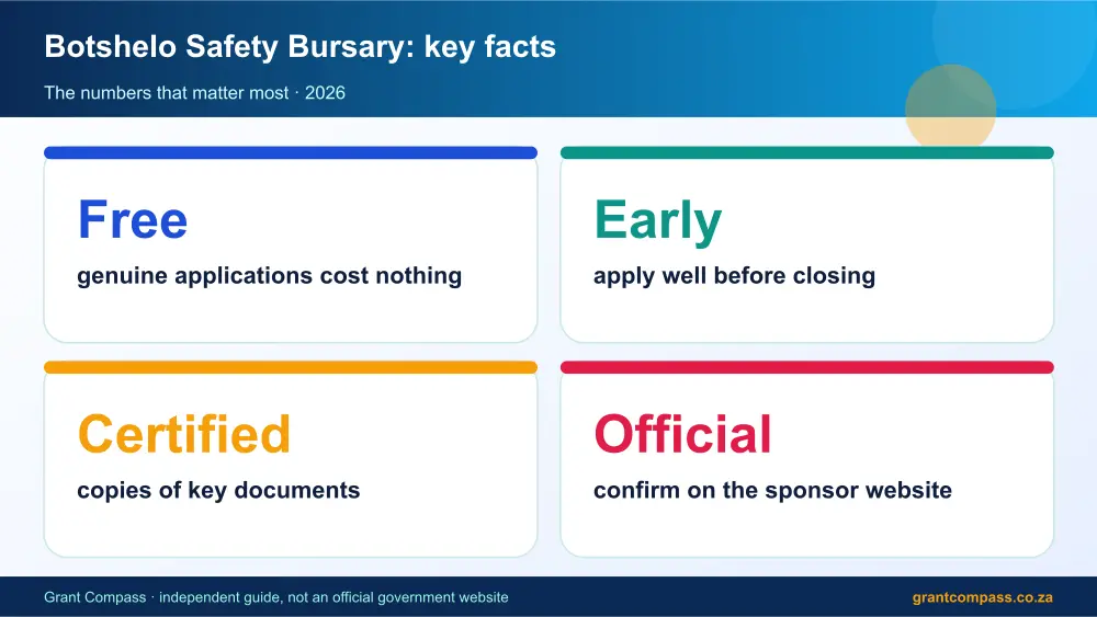 Botshelo Safety Bursary key facts at a glance infographic – botshelo safety bursary South Africa 2026