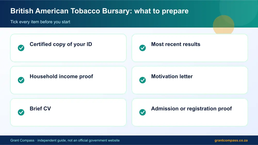 British American Tobacco Bursary documents checklist infographic – british american tobacco bursary South Africa 2026