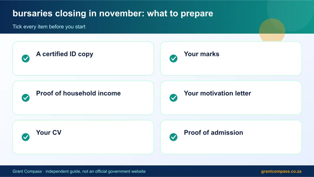 bursaries closing in november documents checklist infographic – bursaries closing in november South Africa 2026