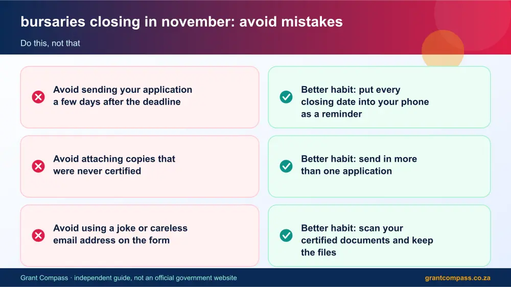 bursaries closing in november mistakes to avoid and tips infographic – bursaries closing in november South Africa 2026