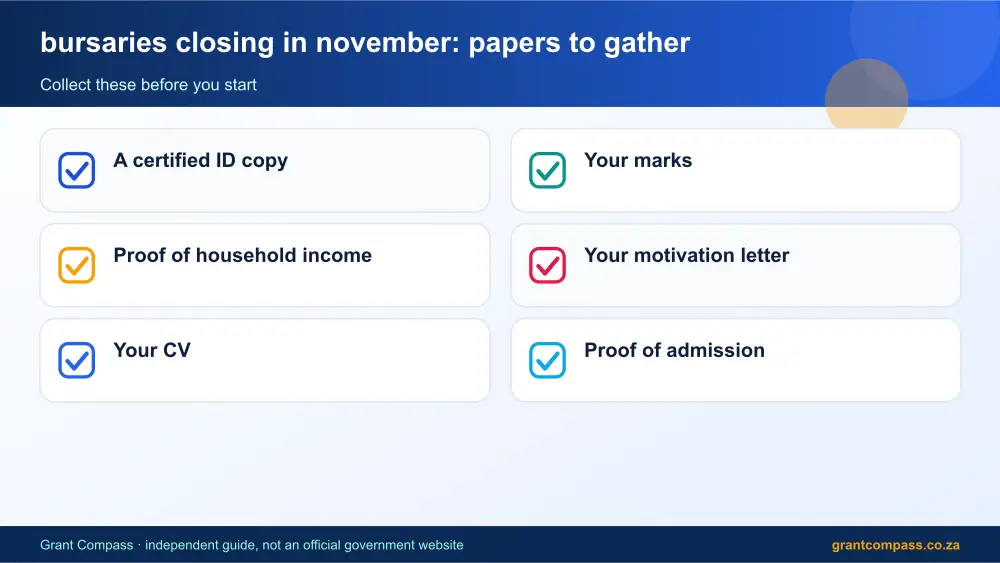 bursaries closing in november required papers tick list infographic – bursaries closing in november South Africa 2026