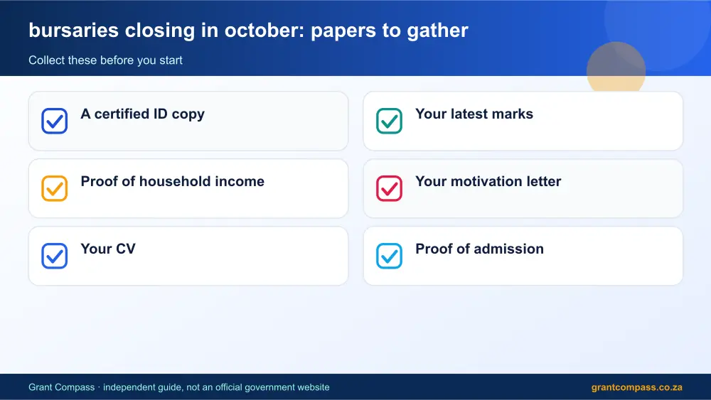 bursaries closing in october required papers tick list infographic – bursaries closing in october South Africa 2026