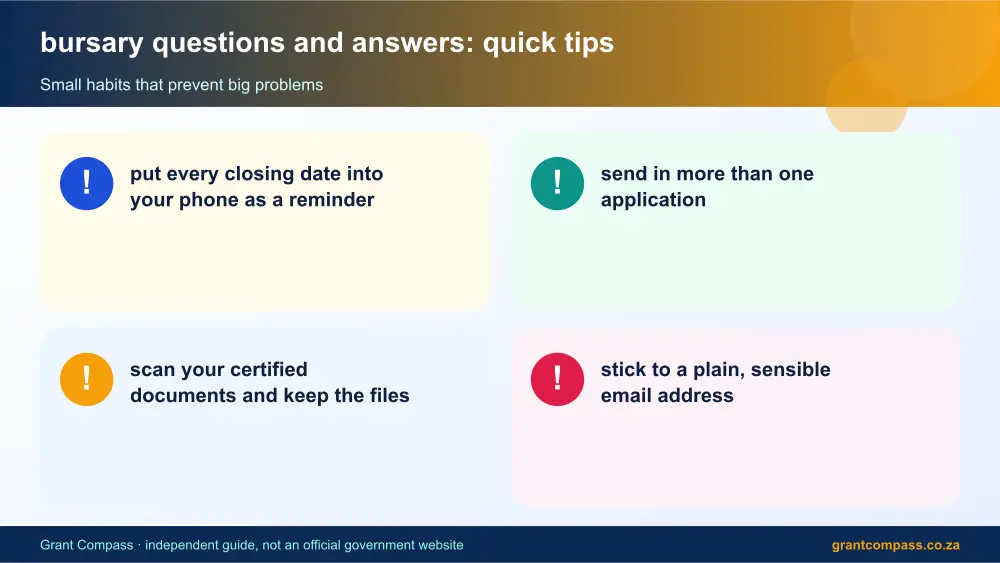 bursary questions and answers quick tips cards infographic – bursary questions and answers South Africa 2026