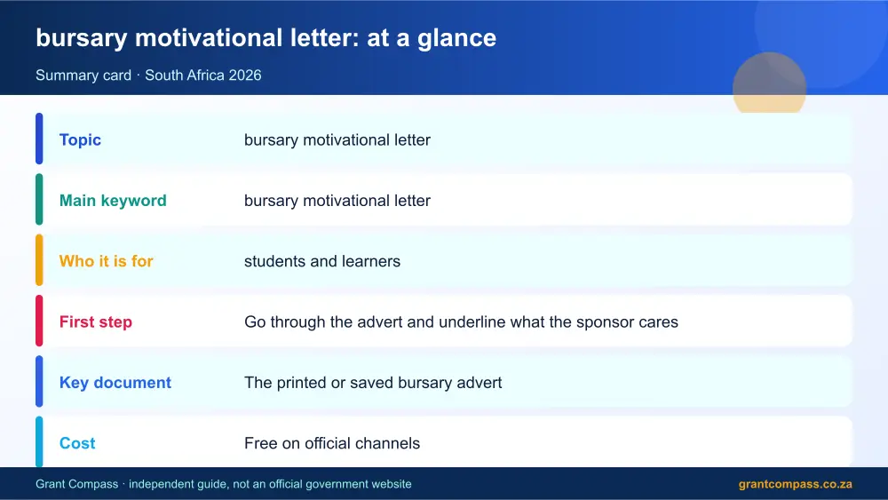 bursary motivational letter at a glance summary infographic – bursary motivational letter South Africa 2026