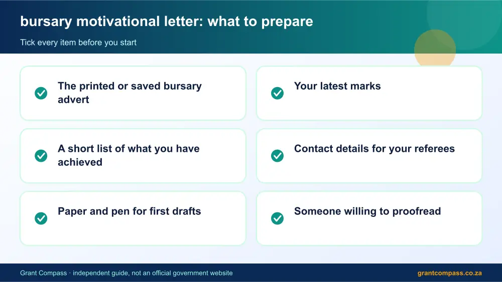 bursary motivational letter documents checklist infographic – bursary motivational letter South Africa 2026